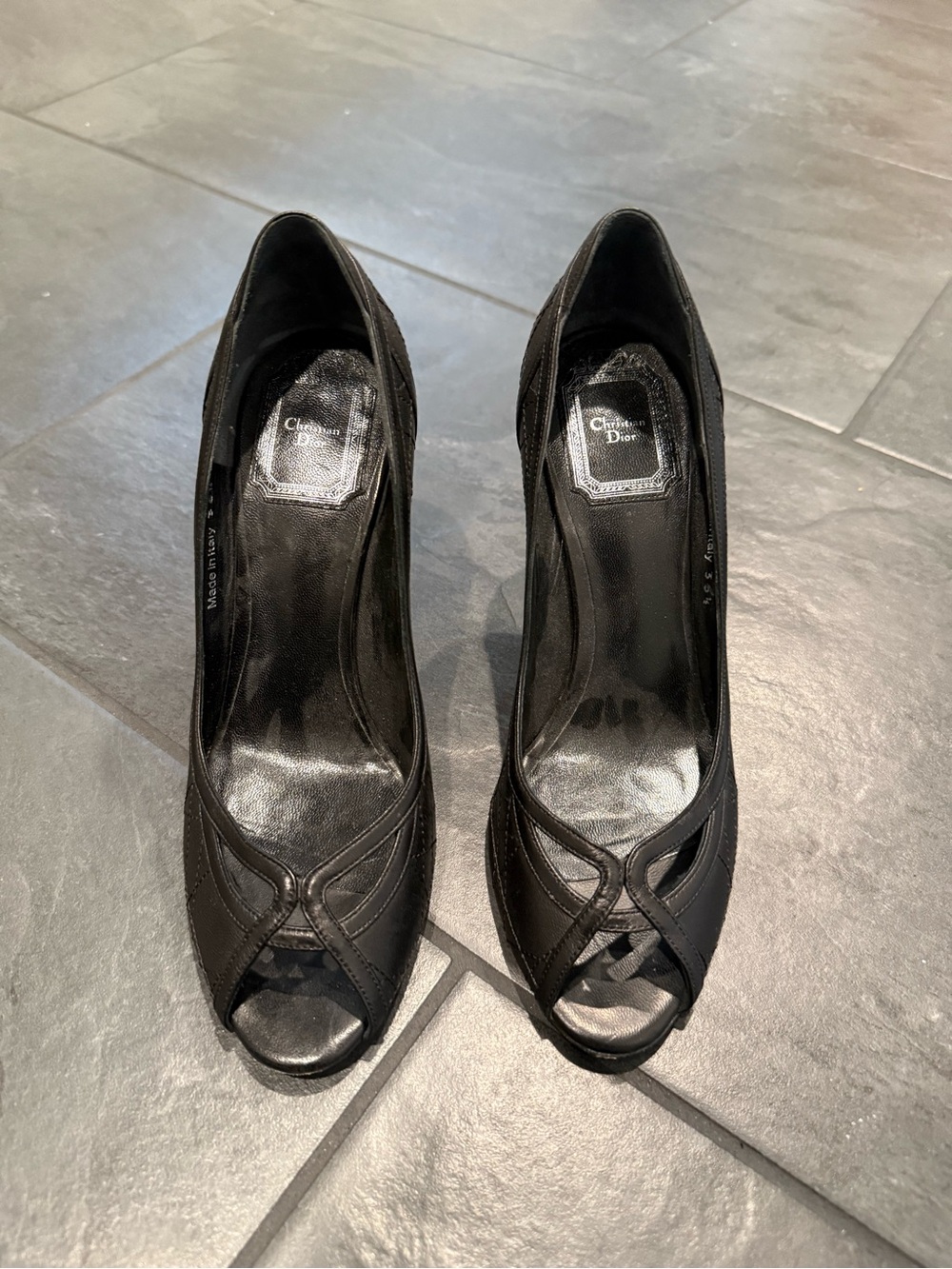 Dior Black Peep-Toe Satin Heels